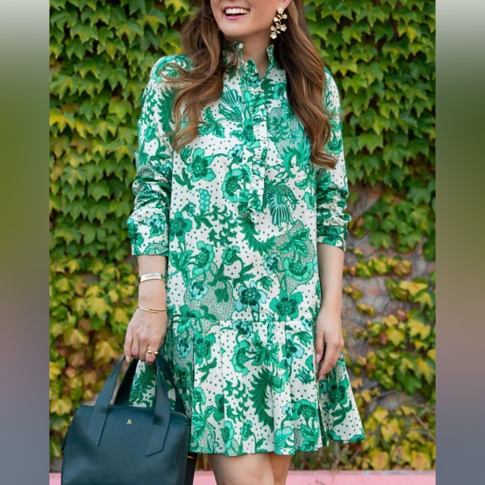 Tuckernuck Green and White Floral Long Sleeve Dress